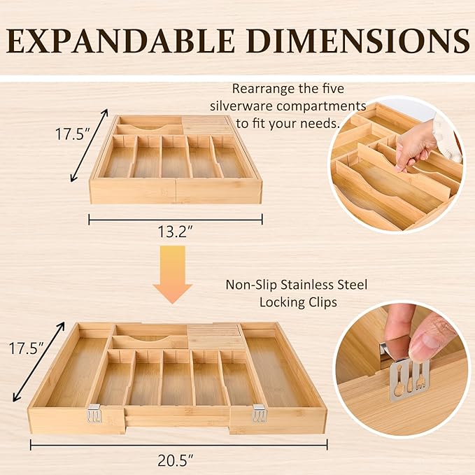 Silverware Organizer Expandable Bamboo Drawer Organizer with Non-Slip Stainless Steel Locking Clips, Kitchen Utensil Holder with Knife Block, Adjustable Cutlery Tray with Curved Grooves Dividers