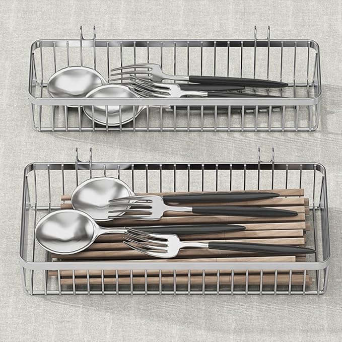 Sturdy 304 Stainless Steel Flatware Organizers with Hooks, 2 Pcs Drawer Silverware Organizer for Chopsticks/Spoon/Fork/Knife, Large and Small