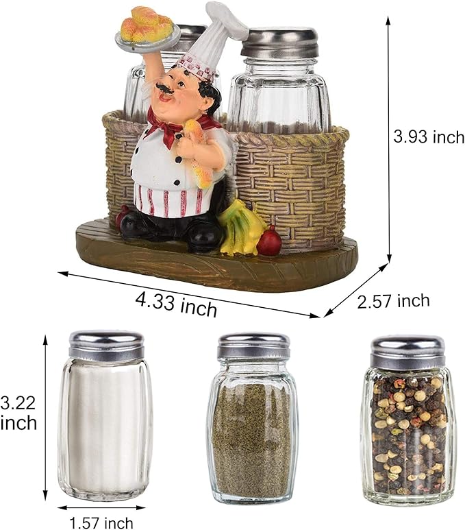 Salt and Pepper Shakers Set,Sitting Chef Decorative Statue Spice Organizer,Glass Spice Jars with Holder Figurine Gift for Family,Kitchen,Restaurant, Cafe,Bakery (Bread)