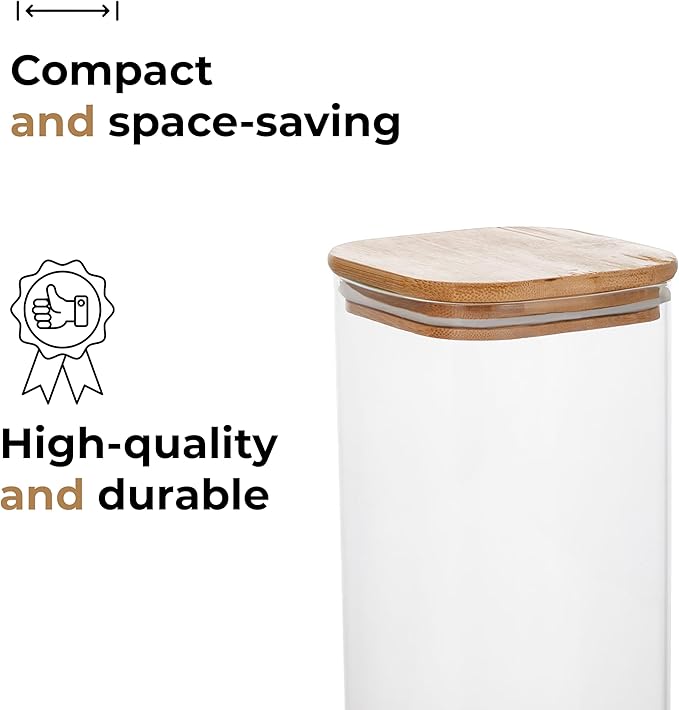 44oz Square Borosilicate Glass Canister With Bamboo Lid, Airtight Pantry Storage Jar Containers Ideal for Rice, Candy, Sugar, Flour, Nuts, Cookies and Coffee Beans (4 Pack)