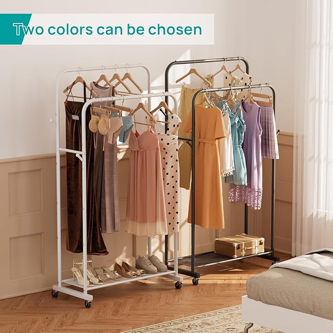 SINGAYE Clothes Clothing Rack Drying Clothing Garment Coat Hanger Rack Metal Double Bar Freestanding for Hanging Clothes Portable With Wheels Rolling Closet for Laundry Bedroom Black