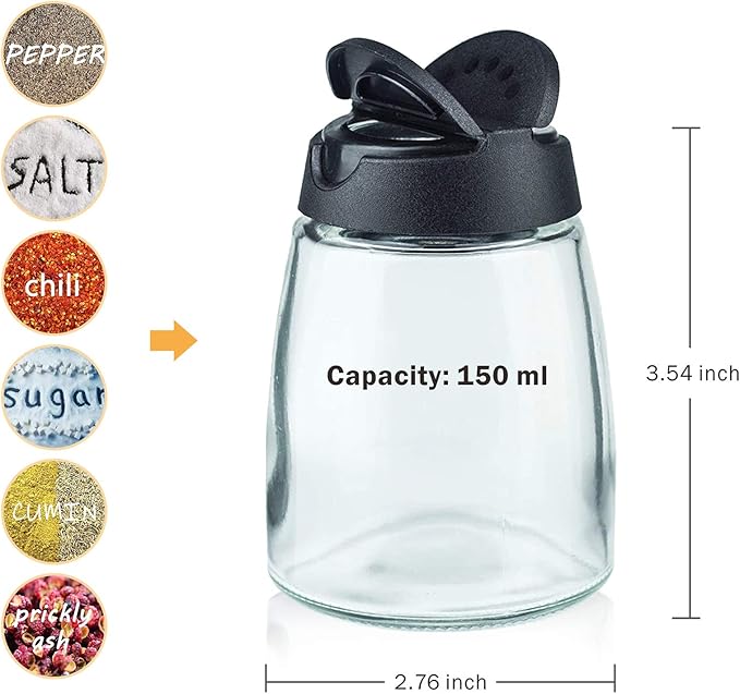 Glass Spice Jars, Double Lids Seasoning Shakers Glass Bottles Spice Shakers Sifter Barbecue Salt & Pepper Shaker Container (4PCS)