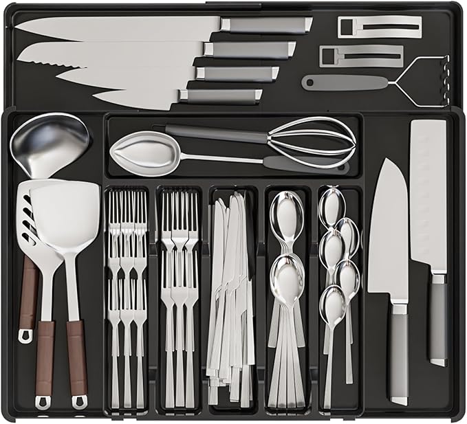 Expandable Silverware Organizers for Kitchen Drawers,Large BPA Free Cutlery Organizer in Drawer,Plastic Utensil Drawer Organizer Suitable as Flatware,Knife,Fork,Spoon,Silverware Holder and Tray,Black