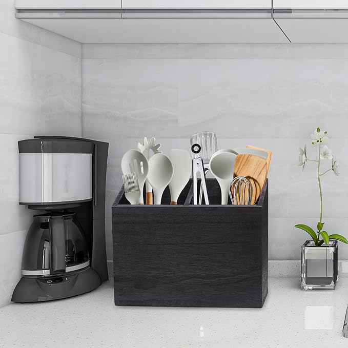 Wooden Kitchen Utensil Caddy With 2 Compartments, Rustic Utensil Holder for Kitchen Countertop, Wood Utensil Crock Organizer Box for Farmhouse Kitchen Decor (black)