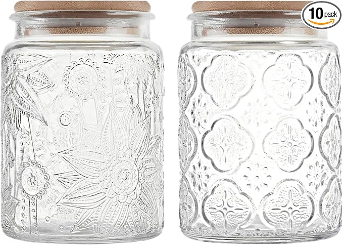 Glass Storage Jars With Airtight Lid, 23.7oz Canister For Kitchen Counter with Bamboo Lid, brown sugar, candy, coffee, cookie, salt, tea,pantry cute Jar (Begonia & Sunflower)