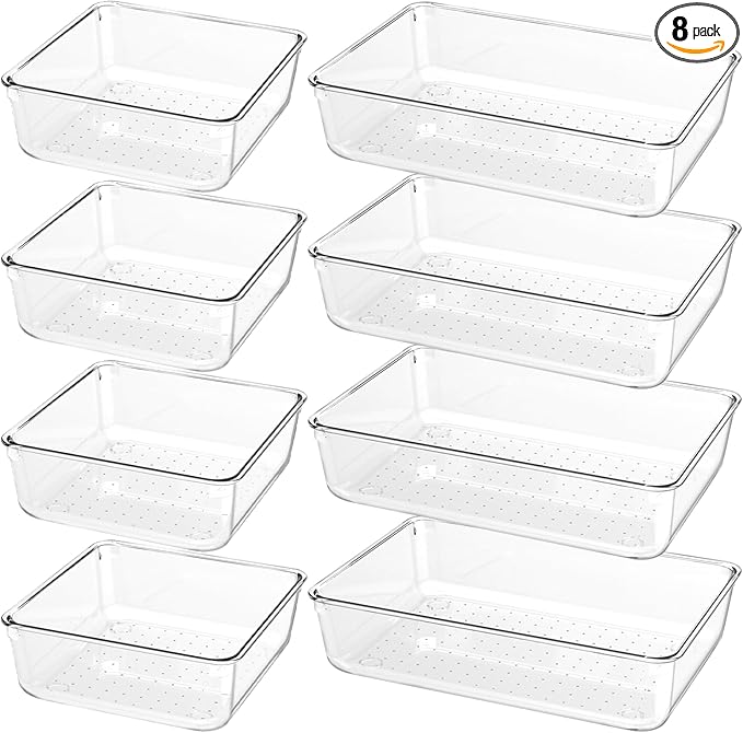8 PCS Clear Plastic Drawer Organizer Tray, Acrylic Vanity Bathroom Drawer Organizers Trays, Desk Drawer Organizer Bins for Cosmetic, Makeup, Kitchen, Office, Junk Drawer Divider Organization