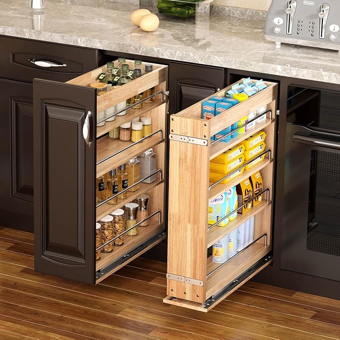 4 Tier Pull Out Spice Rack Holder Shelves (8" W x 22" D), spice organization for cabinet Storage Organization, pull out spice racks for inside cabinets