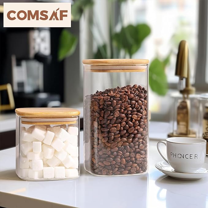 ComSaf 44oz Glass Storage Containers with Lids, Glass Jars with Lids, Clear Food Storage Jar, Square Glass Canister Set of 3, Pantry Organizers and Storage for Flour Oat Pasta Tea Cookie Coffee Bean