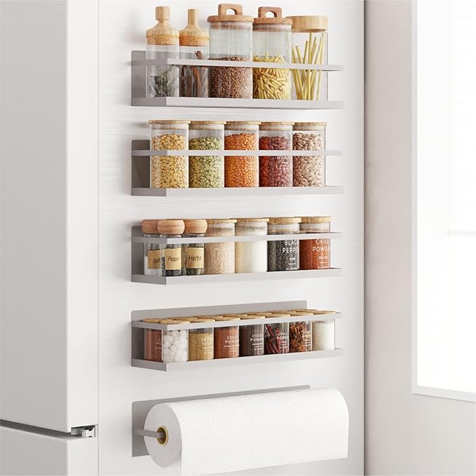 Magnetic Spice Rack For Refrigerator Magnetic Fridge Shelf For Kitchen Grey 4 Pack With Magnetic Paper Towel Holder