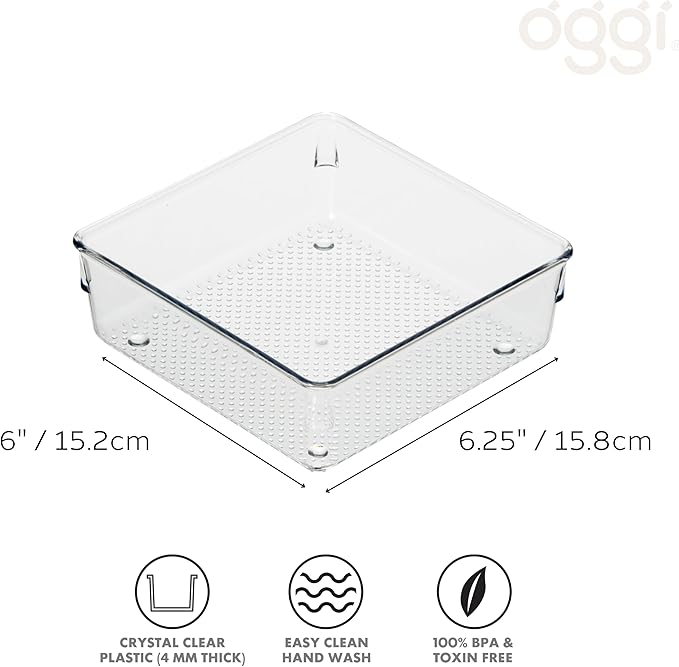 Oggi Clear Drawer Organizer - 6" X 6"- Ideal for Organizing Kitchen Drawers, Office, Desk, Silverware, Kitchen Utensils, Cosmetics and Bathrooms (Pack of 2)