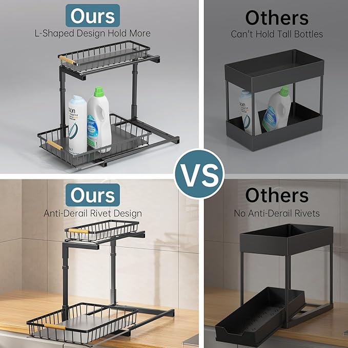 Delamu 2 Pack Under Sink Organizer and Storage, 2 Tier Pull Out Cabinet Organizer, Slide Out Under Sink Storage Shelf, Undersink Organizers Shelves for Kitchen Bathroom Pantry Organization