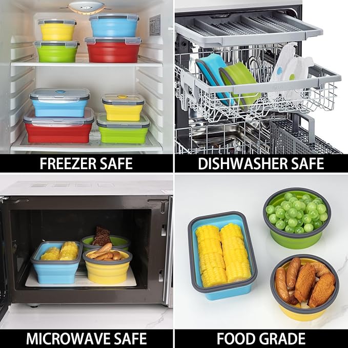 Collapsible Food Storage Containers with Lid & Air Vent, 8 Pack, 4 Rectangular + 4 Round, Annaklin Foldable Silicone Lunch Containers Collapsible Bowls Set, Microwave Freezer Dishwasher Safe, 4 Colors
