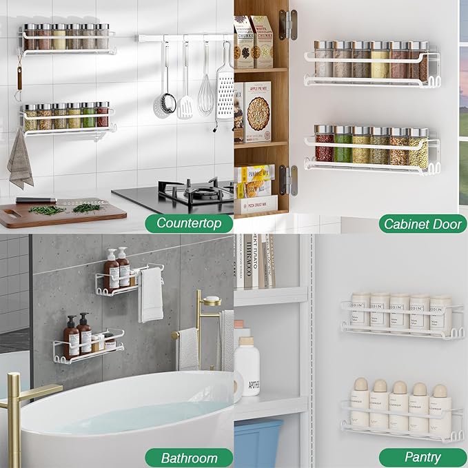 LUCYCAZ 2 Pack Wall Mounted Spice Rack with 8 Hooks, Spice Organizer for Cabinet Pantry Door,Screw or Adhesive Spice Shelf Hanging Wall Spice Rack in Kitchen and RV (White, 2 PACK)