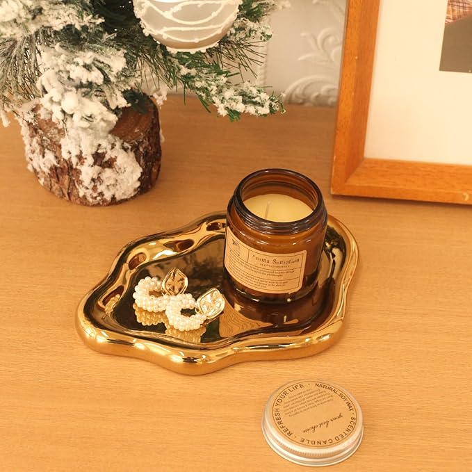 Ceramic Jewelry Tray Trinket Dish, Decorative Cloud Vanity Key Tray for Women, Ring Holder Dish, Cute Jewelry Plate Bowl Room Decor Aesthetic, Gold, Medium