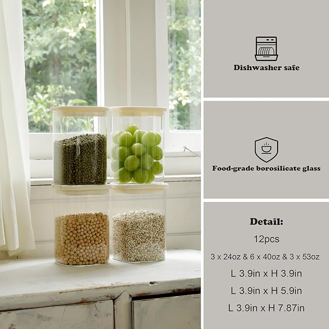12pcs Square Pantry Glass Jars with Clear Airtight Lids Kitchen Canisters Sets for Flour, Sugar Refrigerator Safe, Available in 3 Sizes: 25oz / 40oz / 54 oz