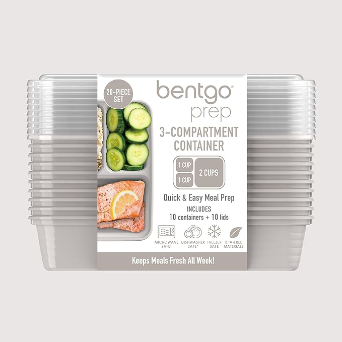 Bentgo 20-Piece Lightweight, Durable, Reusable BPA-Free 3-Compartment Containers - Microwave, Freezer, Dishwasher Safe - Stone Gray