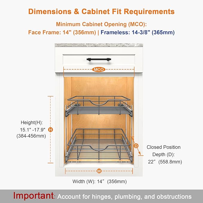 ALINE FURNITURE 2-Tier Pull Out Cabinet Organizer - 14" W x 22" D Soft Close Pullout Shelves for Kitchen Cabinets - Slide Out Drawers, Heavy Duty Steel Wire