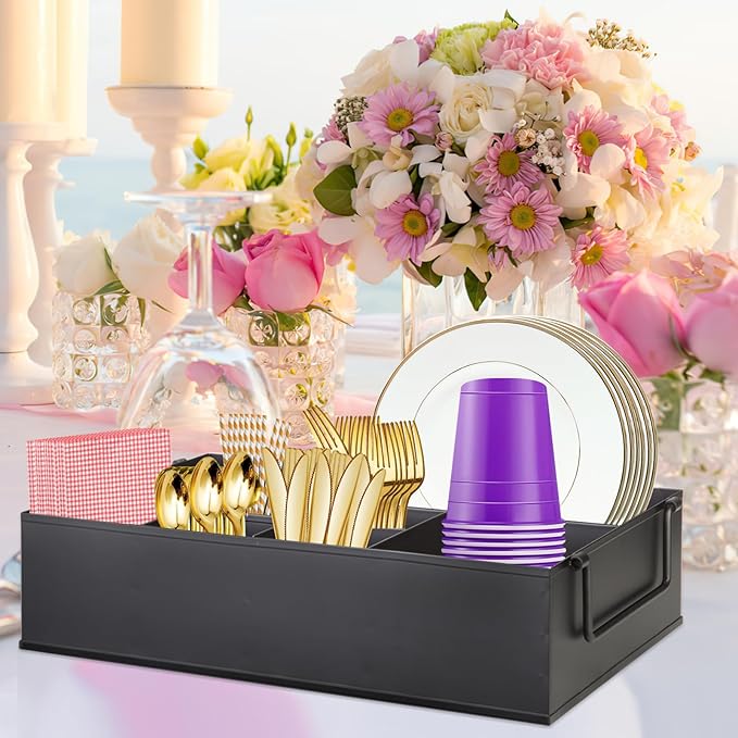 Paper Plate Dispenser Holders Utensil Caddy for Countertop,Outdoor Silverware Caddy, Picnic and Camping Utensil Holder, Flatware Organize with Handle for Party Gatherings, Metal (Black)