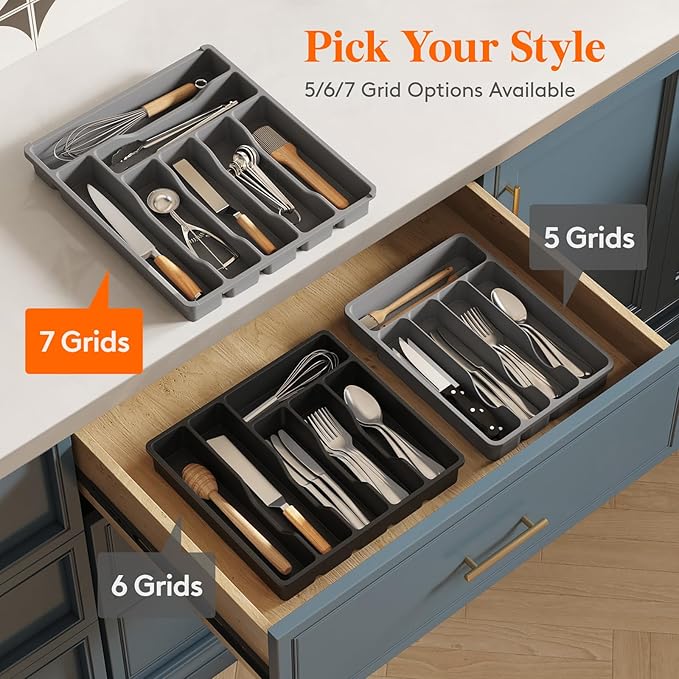 Lifewit Silverware Drawer Organizer Tray, Plastic Cutlery Storage for Kitchen Drawer, Flatware and Utensil Holder Divider for Spoons Forks Knives Tableware, 7 Compartment, Gray