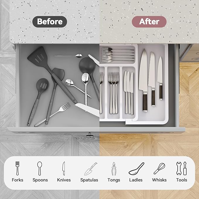 2 Pack Silverware Organizer, Expandable and Adjustable Kitchen Utensil Drawer Organizer, Plastic Cutlery Holder with Multiple Compartments,Cutlery Holder,for Spoons Forks Knives,White,UAFD012W