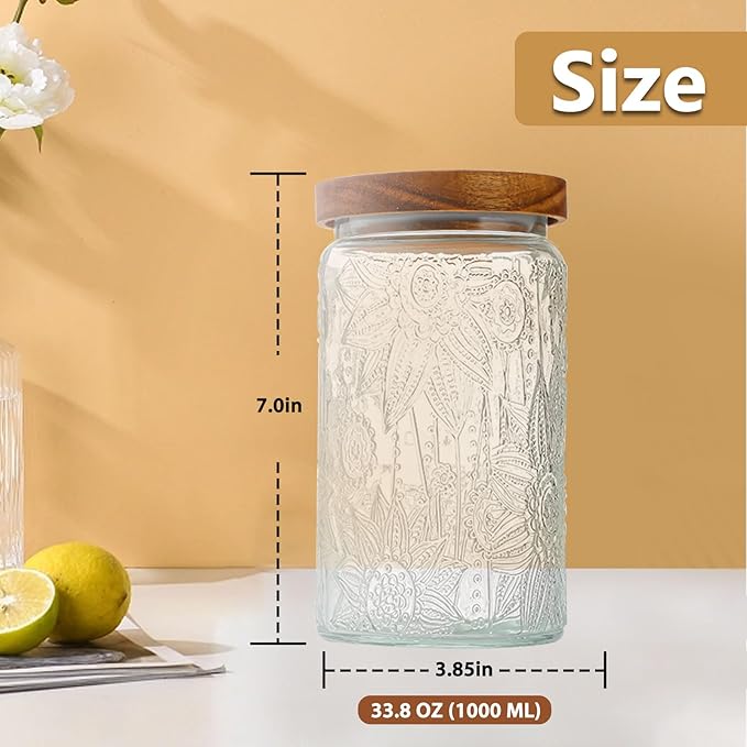 Vintage Glass Jar With Airtight Lid, 34 OZ Kitchen Glass Food Storage Containers Mason Jars for Cookie, Candy, Sugar, Coffee, Beans, Tea, Oats, Flour, Grains, Delicate Food Storage Jar
