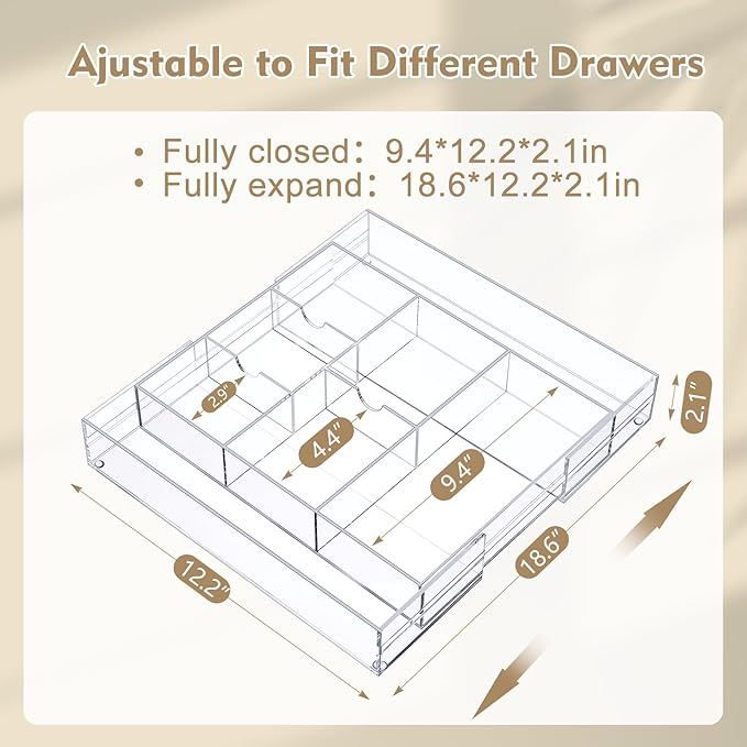 1 Pc Acrylic Desk Drawer Organizer Maximum Expandable Drawer Organizer Trays with 8 Adjustable Compartments Desk Accessories for Makeup Silverware Office Bathroom (Clear,Classic)