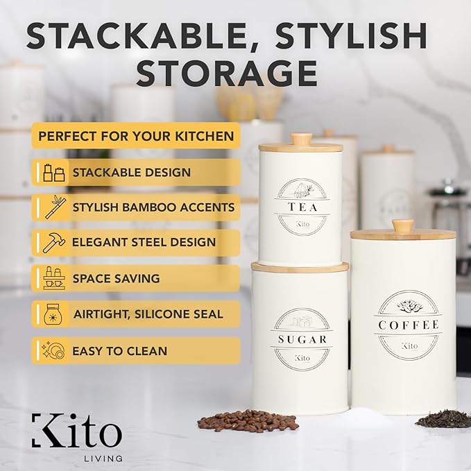 Canisters Sets for Kitchen Counter Storage and Organization with Wooden Bamboo Lids, Food Pantry Containers, Stackable Steel Storage Bins, Airtight Sugar Tea Coffee Canisters - Cream