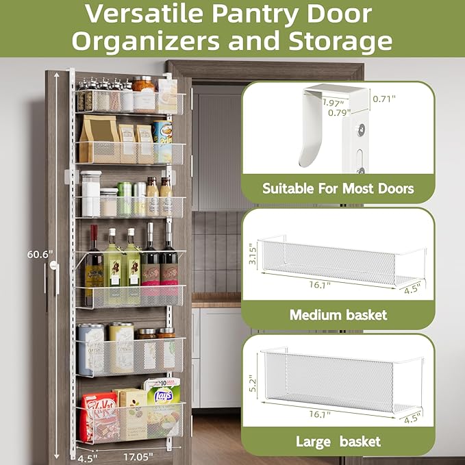 Over The Door Pantry Organizer, 6-Tier Pantry Door Organizer Shelves, Metal Hanging & Wall Mount Spice Rack Organizer, Pantry Door Organization for Pantry Kitchen Storage Room Spice Rack