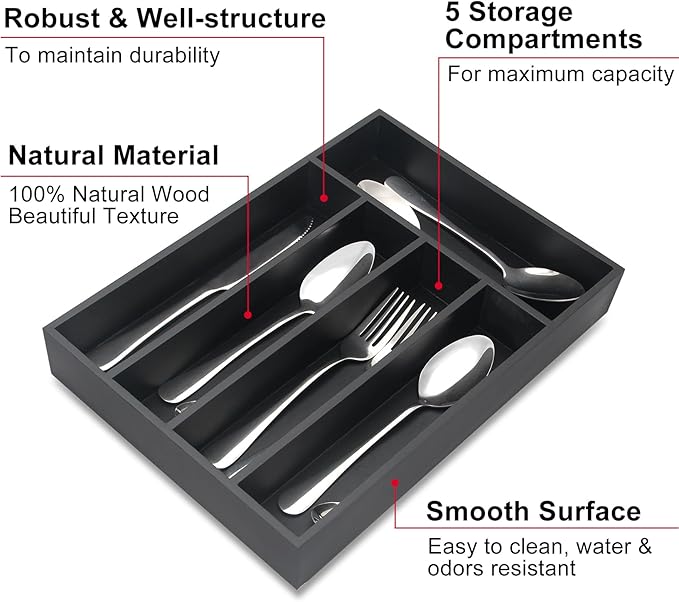 Wooden Silverware Drawer Organizers Black Utensil Trays for Kitchen Drawers Wood Cutlery Tray Flatware Organizer Utensil Holder Drawer Divider Fork Spoon Organizer Storage Bamboo Silverware Tray