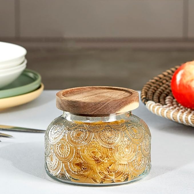 25oz Vintage Glass Jar with Lid, Embossed Glass Canister with Airtight Wooden Lid, Stackable Design for Kitchen Storage – Ideal for Coffee, Tea, Sugar, Flour, Cookies, and Grains
