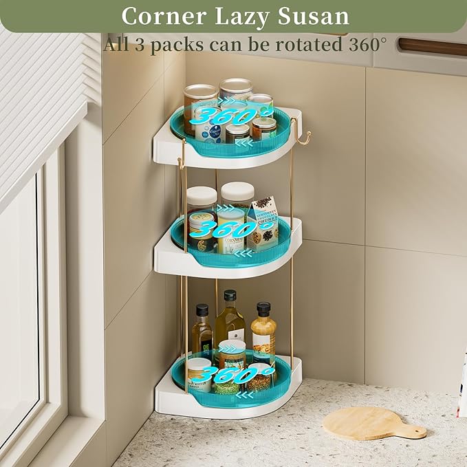 3 Pack Lazy Susan Turntable - Corner Spice Organizer for Cabinet - 9 Inch Rotating Condiment Rack Storage for Refrigerator, Pantry, Kitchen, Vanity, Bathroom Countertop (3 Tier-Green)