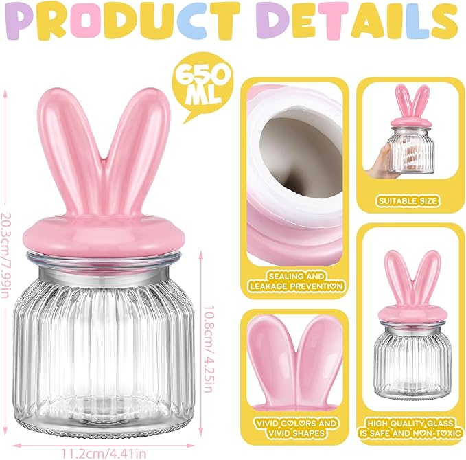 Nitial 4 Pcs Easter Glass Jar with Cap Bunny Ear Egg Clear Candy Jar Decorative Food Storage Canister with Airtight Ceramic Lid for Eater Party Tea Cookie Table Decoration(22 oz,Rabbit Ear)