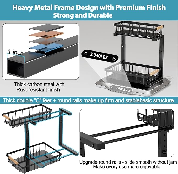 Under Sink Organizer Storage 2 Pack, 2 Tier Slide Out Height Adjustable Pull Out Cabinet Organizer Drawer for Kitchen Bathroom Large Under Sink Shelf Rack Caddy for Pantry, Black