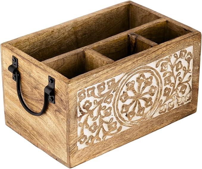 Mie Creations 4 Compartment Wooden Silverware Caddy Utensil Holder, Farmhouse Cutlery Flatware Organizer, Decorative Wood Caddy with Metal Handles for Kitchen, Buffet Party, Mothers Day Gift for Mom