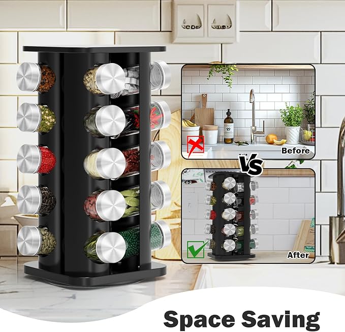 Rotating Spice Rack Organizer, Spice Tower for Countertop, Revolving Spice Rack Set for Cabinet, Black Steel Kitchen Seasoning Organizer with 20 Jars and Funnel Square-round