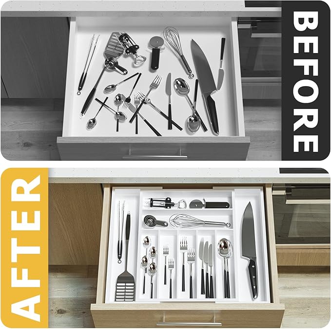 Utensil Organizer Silverware Drawer Organizer - Adjustable Utensil Tray Bamboo Silverware Divider with Groove for Kitchen Flatware, Hair Accessories, Repair Tools, Art Set W13.5"-19.9" x L17.6"(White)