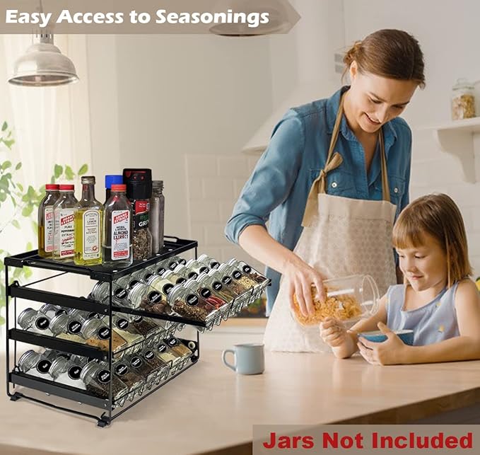 Artibear Desktop Pull Out Spice Rack Organizer for 54 Standard 4-Ounce Jars, 3-Tier Countertop Spice Holder for Kitchen, Matte Black (Jars Not Included)