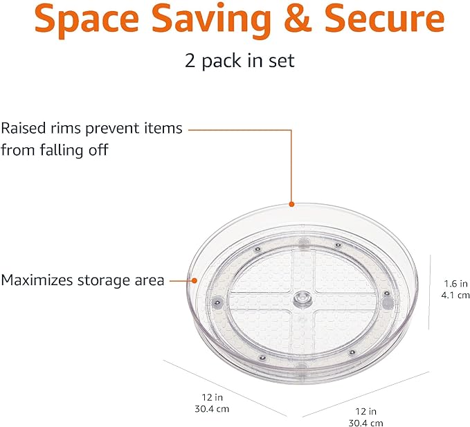 Amazon Basics 2 Tier Lazy Susan Turntable Organizer, 12" Diameter, 2-Pack, Clear