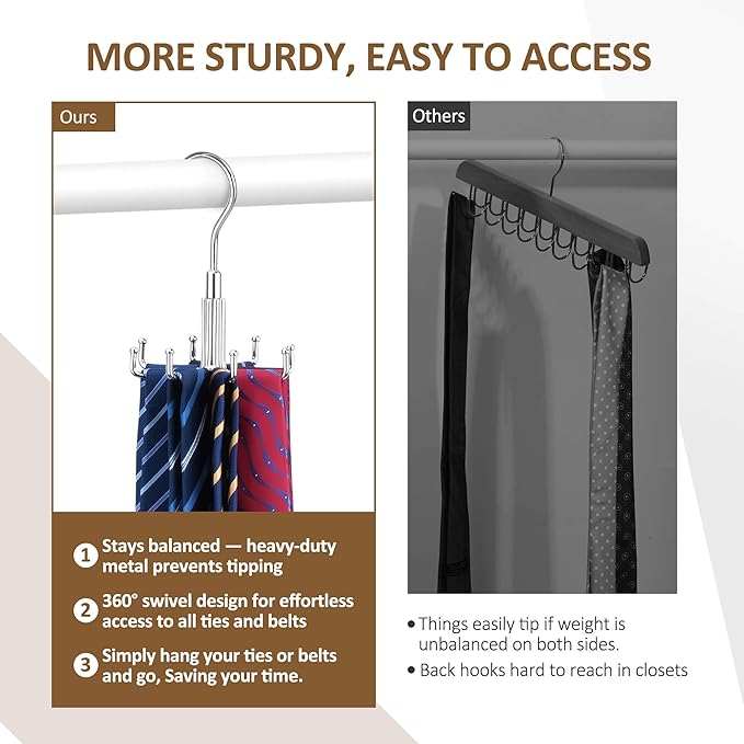 ZEDODIER Tie Hanger for Closet, Rotatable Tie Organizer for Men with 8 Hooks, Heavy Duty Space Saving Tie Rack for Ties and Belts, Silver