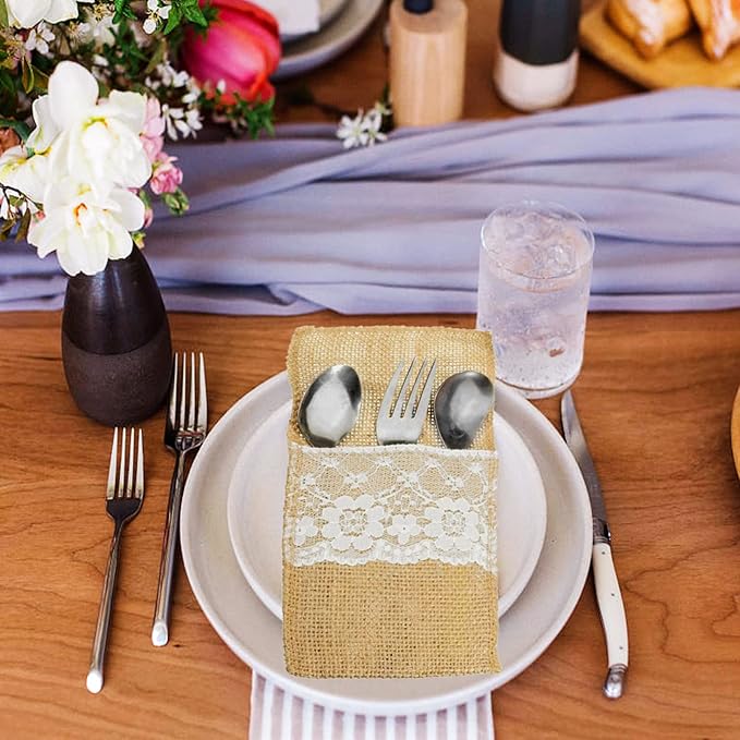 FQTANJU 50 PCS 4"x8" Burlap Lace Utensil Cutlery Holders Pouch Silverware Holder Knifes Forks Bags Burlap Napkin Bag for Rustic Wedding Party Decorations favors