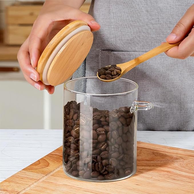 Qikuver 3 pack 18oz Airtight Glass Storage Canister with Bamboo Lids and Spoons Scoop, Food Glass Jars, Kitchen Organization Jar Set for Coffee Beans, Tea, Flour, Salt, Nuts, Candy, Cookie and More