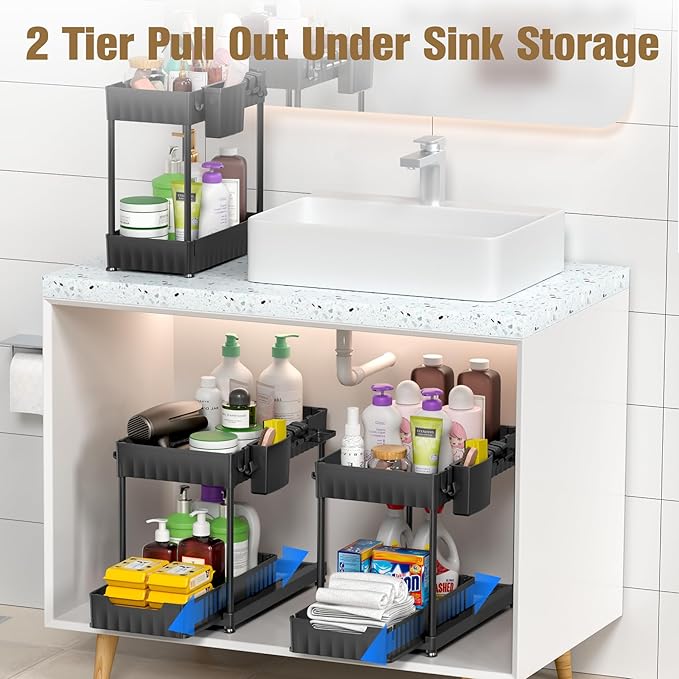 3 Pack Under Sink Organizers and Storage, Large Capacity Heavy Load Pull Out Cabinet Organizer with Hooks Hanging Cups, Multi-functional Storage Shelf for Kitchen Bathroom, Black