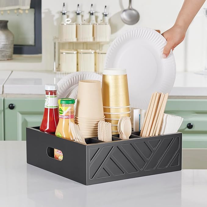 Paper Plate Dispenser-Wood Utensil Holder for Party-Paper Plate Organizer for Countertop-Wood Silverware Caddy with 7 Compartments,Spoonpicnic Caddy for Plates and Utensils-Black…