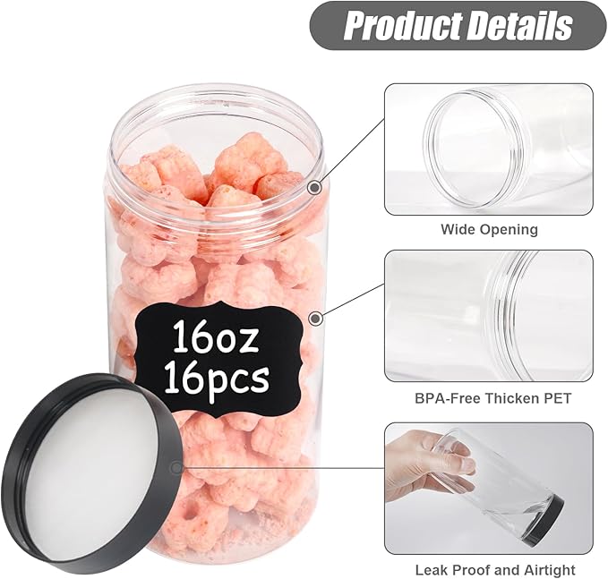 16 Pack 16 oz Plastic Storage with Lids,Airtight Clear Reusable Food Storage Jars for Kitchen Pantry Organization,BPA-Free Dry Food Canisters(Transparent)