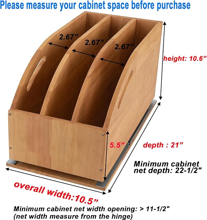 DINDON Pull Out Cabinet Organizer for Pans, Pot lid, Cookie Sheet, Cutting Board, Baking Tray, Slide Out Kitchen Cabinet Storage Organizer, 10.5''W X 21"D X 10.6"H, Wood