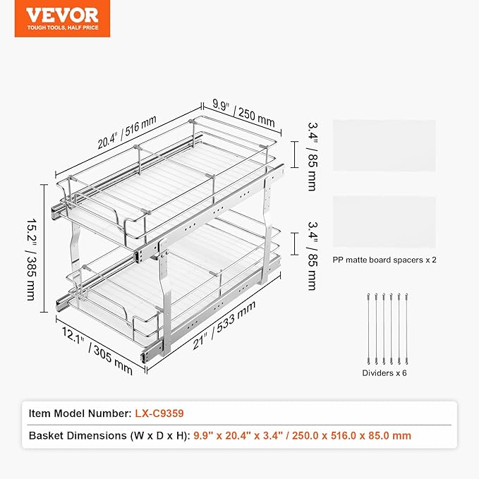 VEVOR 12"W x 21"D Pull Out Cabinet Organizer, Heavy Duty Slide Out Pantry Shelves, Chrome-Plated Steel Roll Out Drawers, Sliding Drawer Storage for Home, Inside Kitchen Cabinet, Bathroom, Under Sink