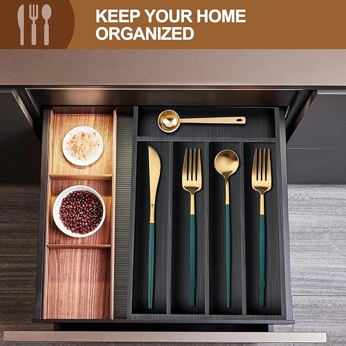 Small Kitchen Utensils Drawer Organizers Black Wooden Cutlery Tray Flatware Silverware Organizer Divider Storage Narrow Wood Silverware Utensil Tray Bamboo Cutlery Fork Spoon Holder for Drawer