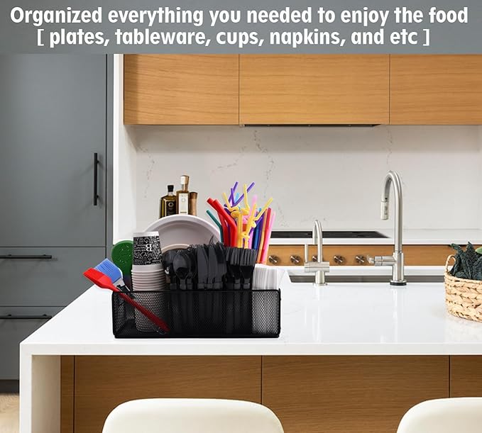 Paper Plate Organizer For Kitchen Countertop, Metal Silverware Caddy With 6 Compartments For Plate, Cup,Napkin,Paper Plate And Utensil Holder Caddy For Barbecue,Party,Camping,Picnic (BLACK)