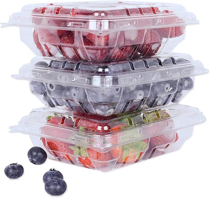 42 Pack - 6 Ounce Clear Plastic Vented Berry Containers with Clamshell Lids - For Blueberries, Raspberries, Blackberries