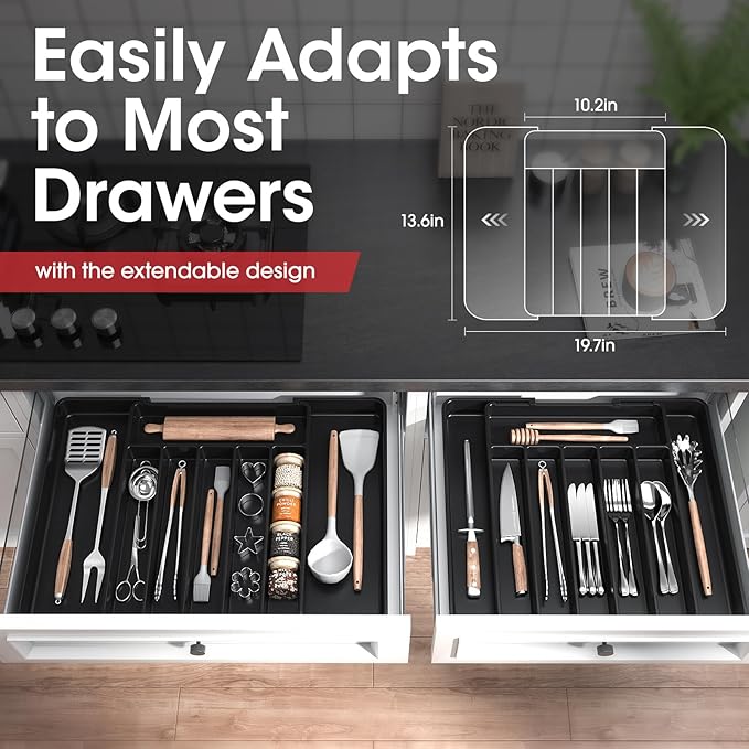 Aujen Expandable Kitchen Drawer Organizer - Multipurpose Black Cutlery and Utensil Organizer for Knives, Forks and More